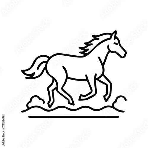 Black and white line drawing of a horse galloping across the ground, horse running in field silhouette vector illustration