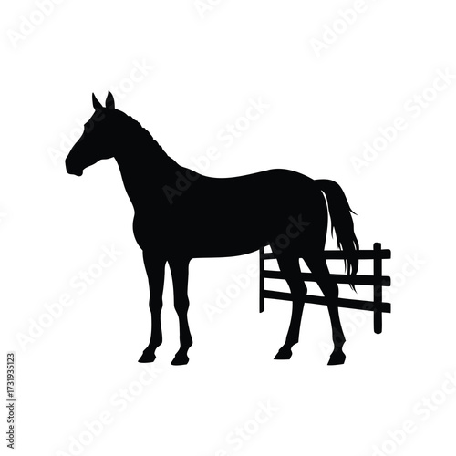 Silhouette of a standing horse by a wooden fence against a white background, horse standing near fence black silhouette vector illustration