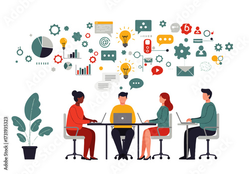 Four diverse professionals are collaborating around a table with laptops, brainstorming ideas visualized as icons above them.