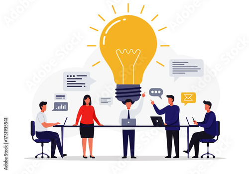 A group of business professionals collaborating around a table, brainstorming with a large lightbulb symbolizing a bright idea.
