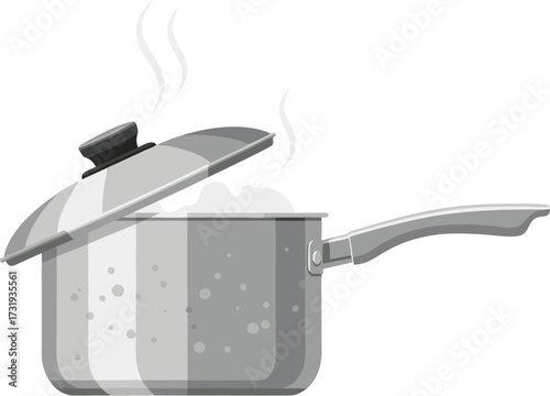 Metallic saucepan with a lid ajar, steam rising from inside, ideal for kitchen, cooking, or culinary themes