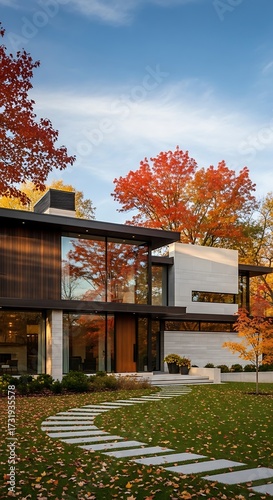 Modern House Exterior Autumn Colors.