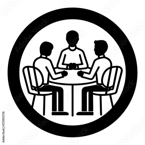 Business negotiation meeting icon with three people around a table in a minimalist style on a transparent background