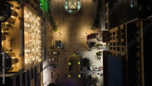 Aerial top down night shot of famous Korai street in centre of Athens, Attica, Greece