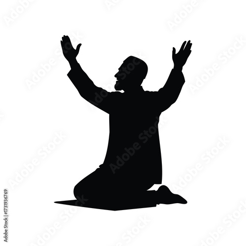 Silhouette of a Man in Prayer with Arms Raised to Heaven, muslim man raising hands in prayer silhouette vector illustration