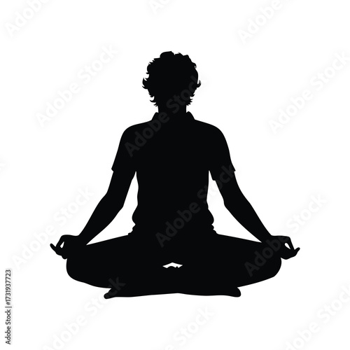 Silhouette of a person in lotus position practicing meditation for mindfulness and health, person doing breathing exercises silhouette vector illustration