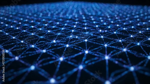 Abstract visualizing global digital network connections, showing data traveling between white glowing nodes in a complex blue and purple grid structure