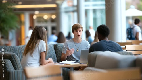 team of MBA students conducting survey interviews in bustling lobby muted crowd noise authenticity real world learning three quarter wide angle cinematic color correction gentle