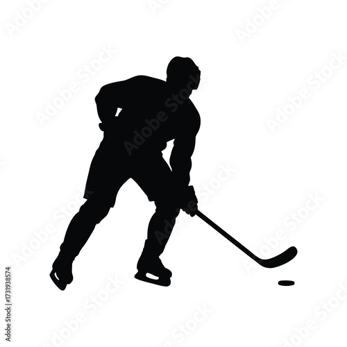 Silhouette of a hockey player in action with stick and puck on ice, player taking slapshot silhouette vector illustration