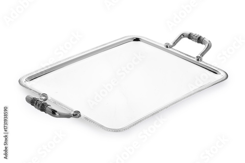 Elegant Rectangular Silver Serving Tray with Ornate Handles on White Background