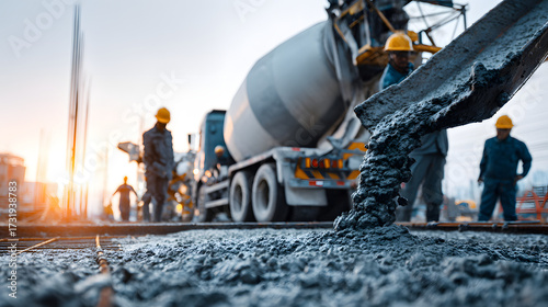 Cement truck pouring at construction site with workers