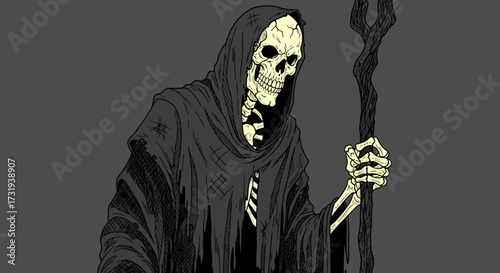 Illustration grim reaper cloaked figure wielding wooden staff dark background