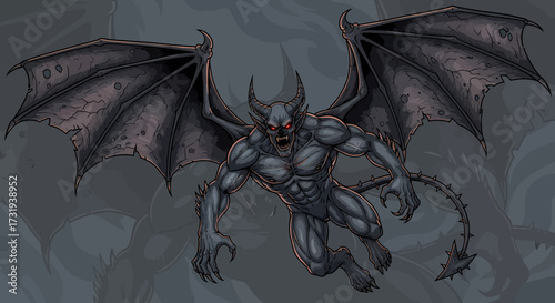 Illustration of muscular gargoyle mid-flight with sharp claws and menacing stare