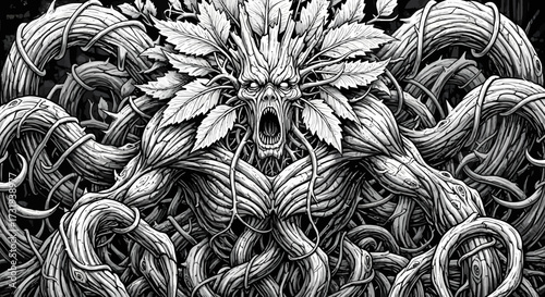 Monochrome illustration furious mythical forest tree creature with tangled roots
