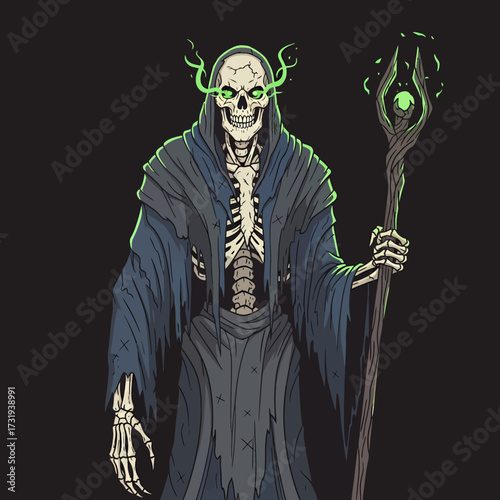 Illustration spooky skeleton mage wielding glowing magic staff design concept