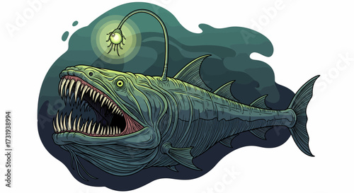 Illustration of anglerfish predator with glowing lure in deep sea waters