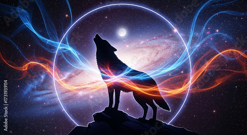 Majestic wolf howling at the moon in a cosmic landscape, embodying the spirit of the wild and the call of the universe