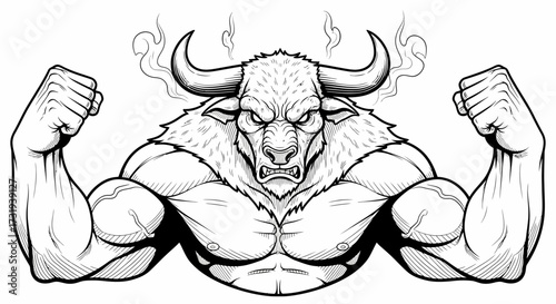 Illustration of muscular bull flexing biceps with angry expression drawing