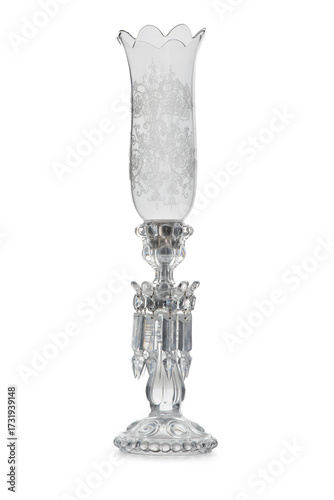 Vintage Crystal Hurricane Candle Holder with Etched Glass and Hanging Prisms