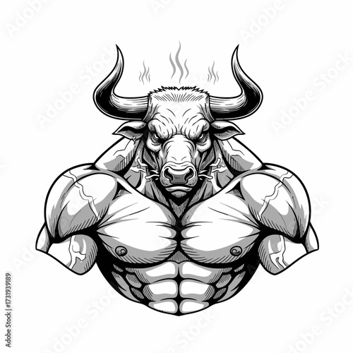 Illustration fierce muscular bull character strong black and white design