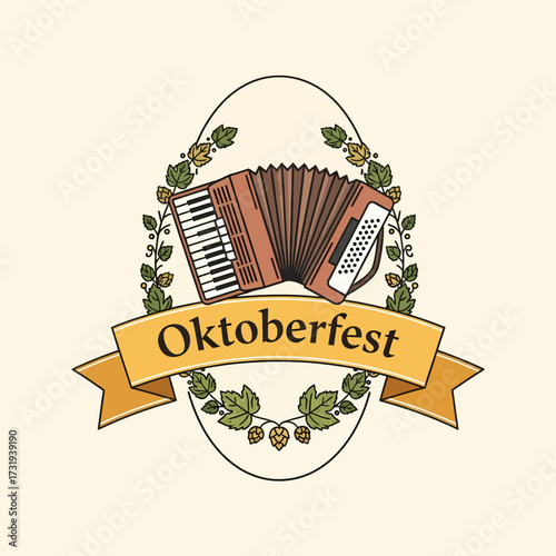 Vector illustration accordion Oktoberfest celebration frame with hops design background