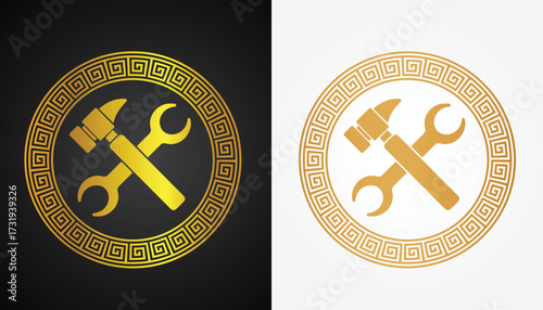 Vector image of hammer and screwdriver logo with beautiful and cool gold color variations with black and white background for various design and branding purposes