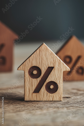 Wooden house shapes featuring percentage signs convey themes of mortgage rates, property taxes, financial investments, and real estate market trends.