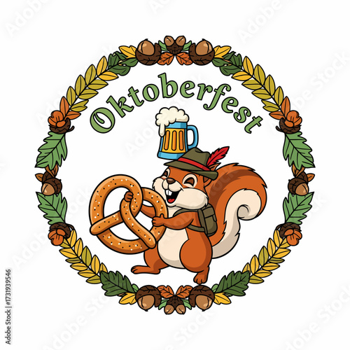 Cartoon vector Squirrel celebrating Oktoberfest with beer and pretzel illustration