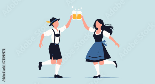 Flat vector oktoberfest celebration friends toasting beer in traditional attire