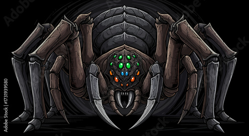 Illustration monstrous arachnid with multiple eyes and giant fangs isolated