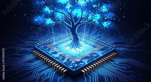 Ai tree on computer chip technology artificial intelligence and future tech art