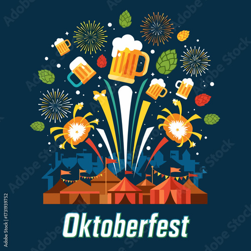 Flat vector oktoberfest celebration with beer mugs fireworks and tents