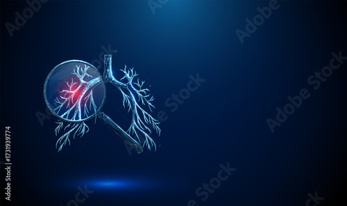 Lungs with magnifying glass with red spot inside. Pulmonary inflammation, infection detection, diagnostic testing, medical analysis concept.