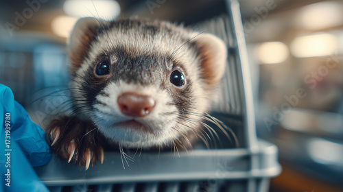 ferret peeking out of a small transport carrier in a veterinary clinic reception
