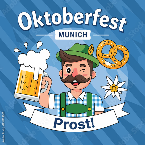 Cartoon illustration oktoberfest celebration beer mug pretzel man in traditional attire