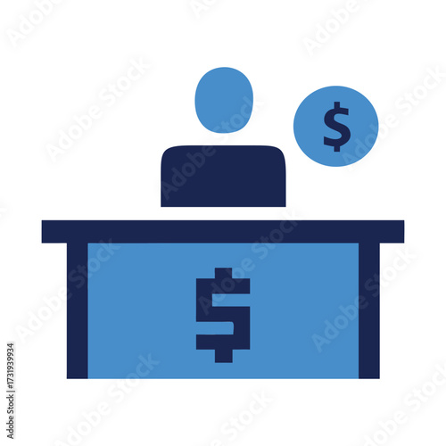 Blue bank teller desk with dollar signs and person icon money finance