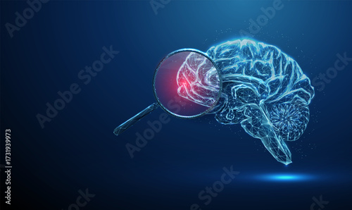 Brain with a magnifying glass and red spot inside. Brain lesion detection, neurological disease diagnosis, neuroimaging research, health monitoring concept.
