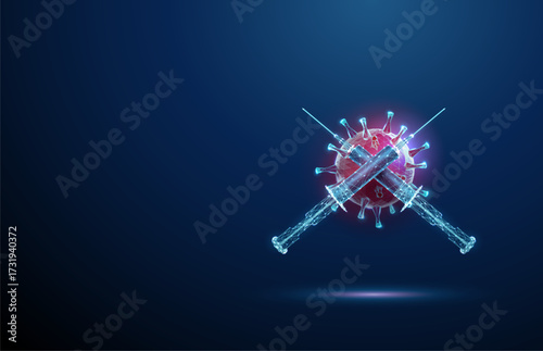 Two crossed syringes in front of virus. Vaccination, immunization, medical protection, antiviral treatment, healthcare, epidemic prevention concept.