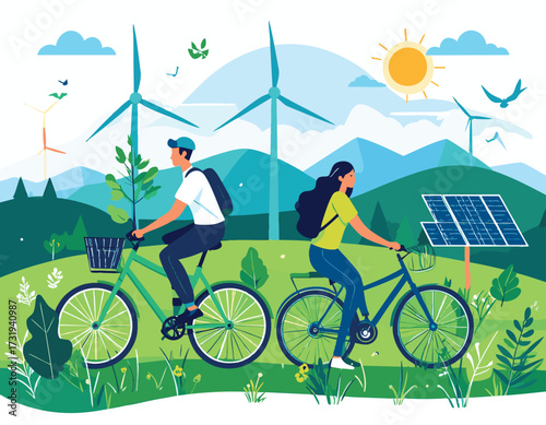 Sustainable City Life Two people cycling through a green landscape with wind turbines and solar panels powering a futuristic eco-friendly environment