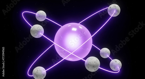 Abstract atom model with glowing orbits and spheres science technology concept art