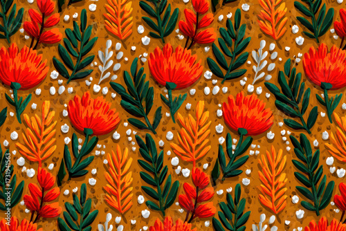 Floral Pattern: Vibrant floral pattern, a vivid dance of petals and leaves in a rich symphony of color and detail