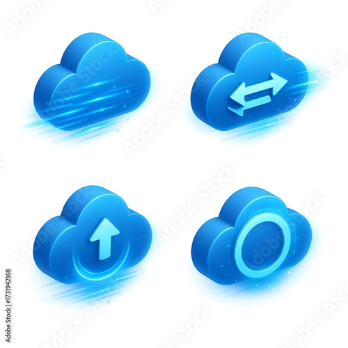 3D Isometric Cloud Icons Representing Cloud Computing, Data Storage, and Digital Network Concepts