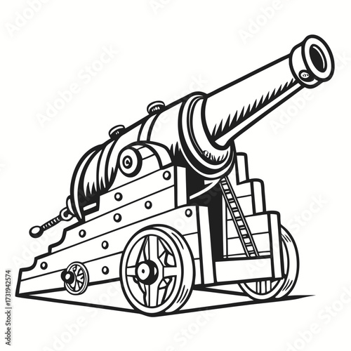 A detailed black and white illustration of a historical cannon on wheels ready for battle against a white background