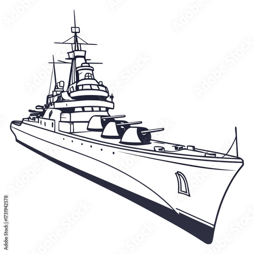 A detailed black and white line drawing illustration of a powerful warship with large cannons on the deck