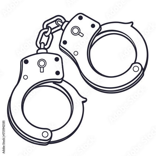 A classic pair of metal handcuffs with a connecting chain depicted in a simple black and white line art illustration