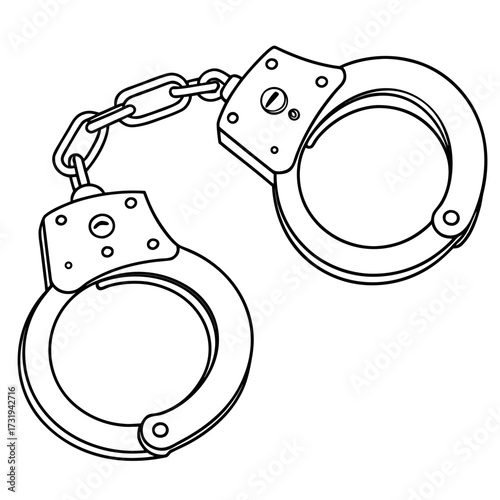 A simple black and white line drawing illustration of a pair of metal handcuffs connected by a chain against a white background