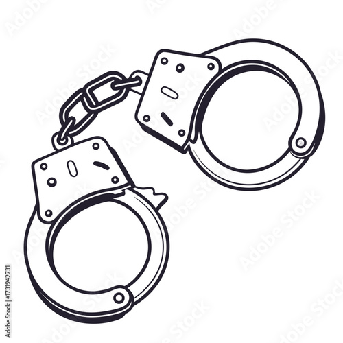 A simple black and white line drawing illustration of a pair of metal handcuffs connected by a chain