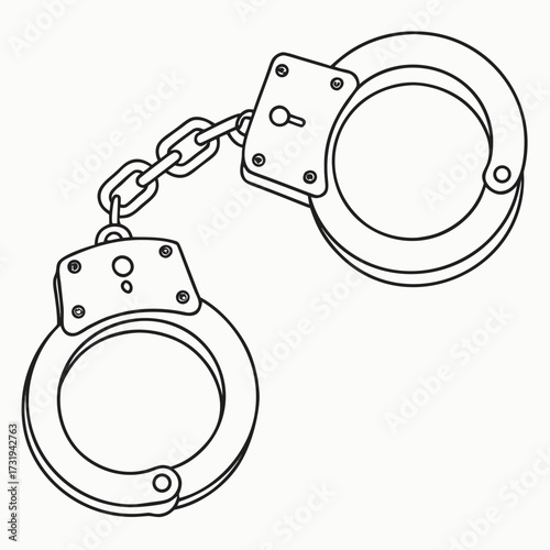 A simple line drawing illustration of a pair of metal handcuffs connected by a chain on a white background