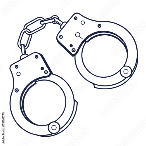 A simple line drawing of metal handcuffs connected by a chain on a white background