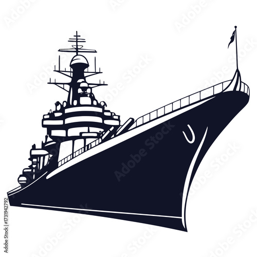 A sleek modern warship with a prominent superstructure and a flag flying proudly at its bow depicted in a bold silhouette
